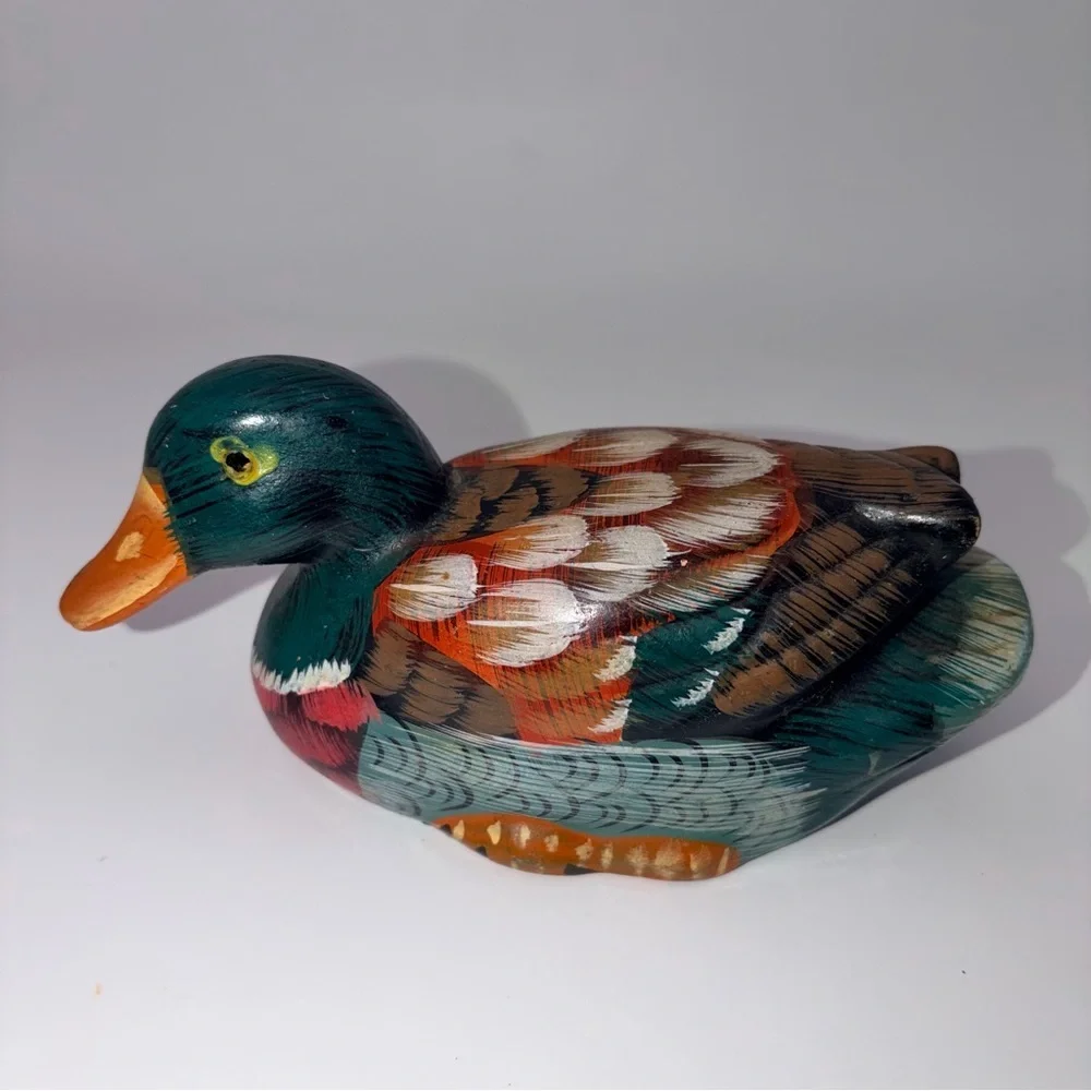 Vintage Hand Carved Wooden Duck Figurine Folk Art Painted Decor | Collectable - Picture 3 of 10